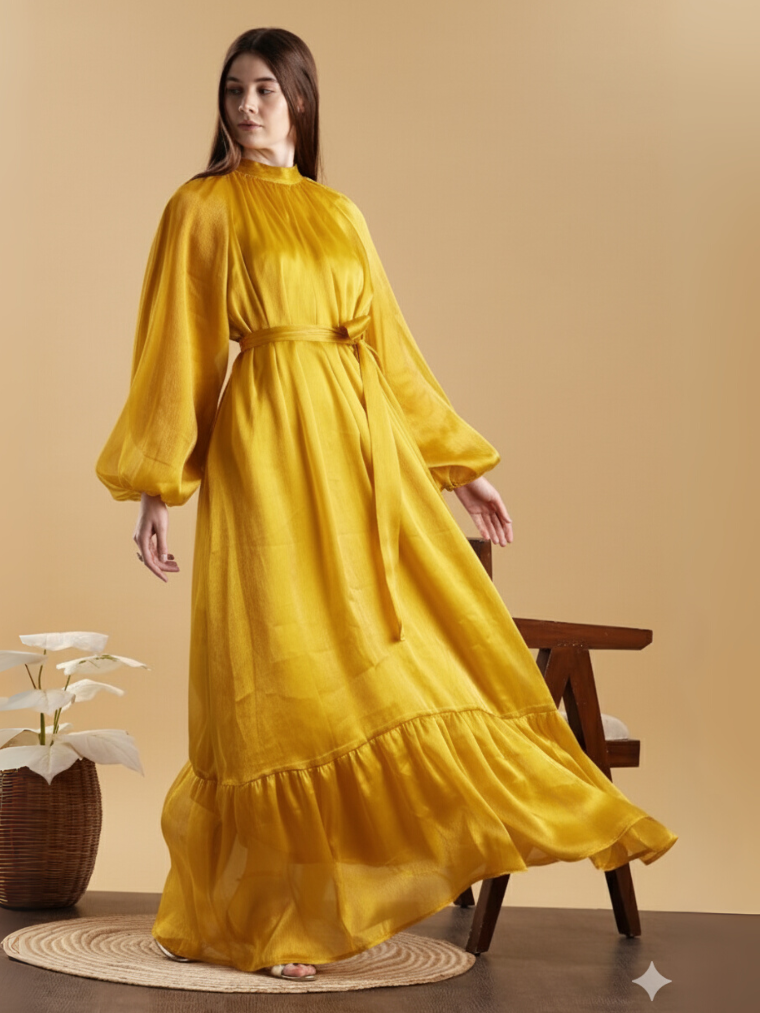 Yezwe Yellow Maxi Dress with Puff Sleeves and Tie Waist for Elegant Style