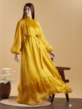 Yezwe Yellow Maxi Dress with Puff Sleeves and Tie Waist for Elegant Style