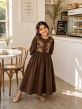 Miniyez Junior Girls Brown CEY Dress Printed Yoke Breathable Wear with long sleeves and a flowy skirt