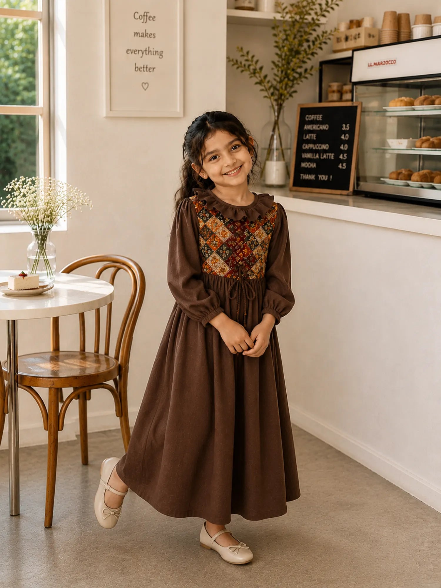 Miniyez Junior Girls Brown CEY Dress Printed Yoke with Breathable Wear for comfortable style