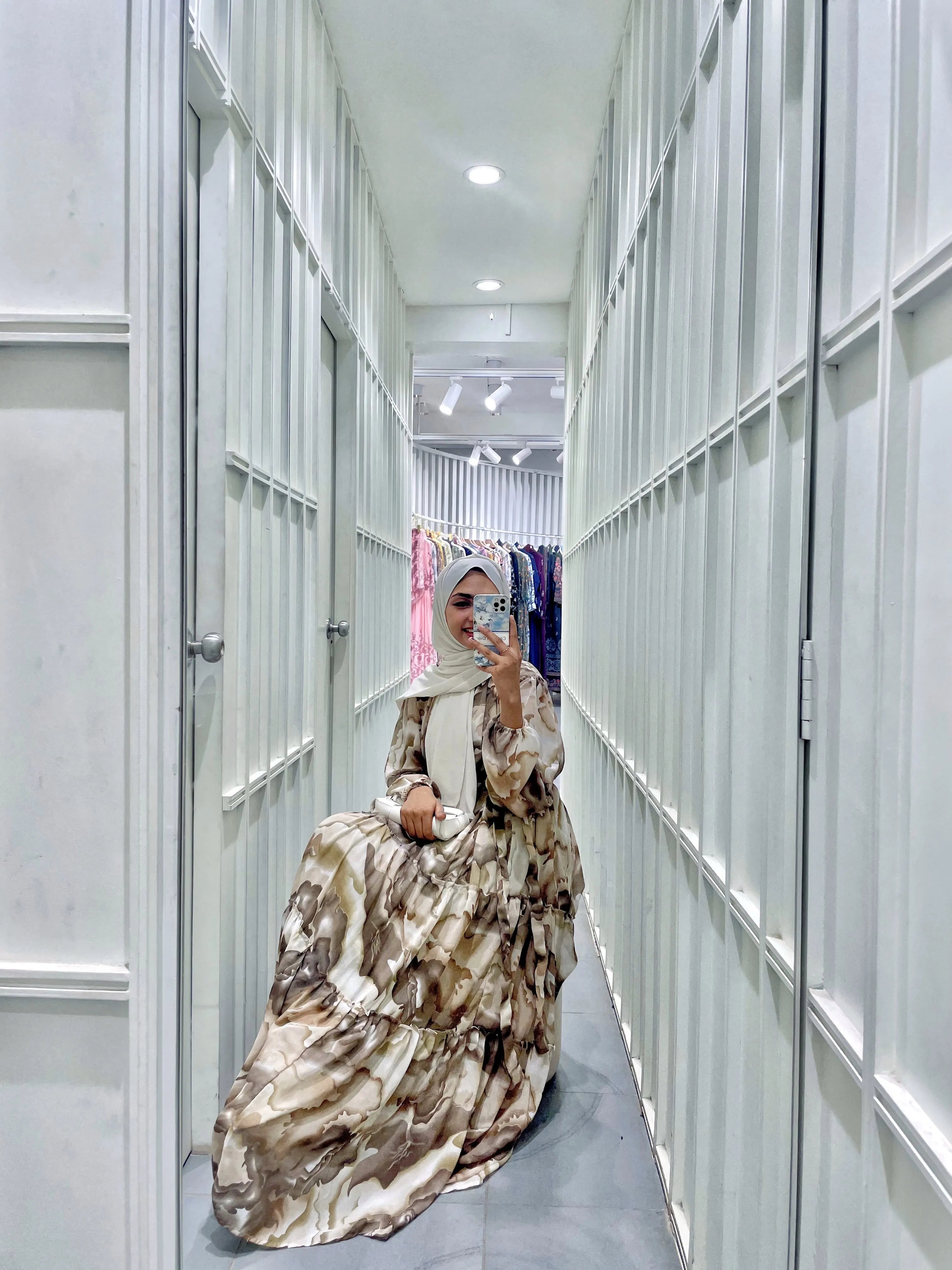 Yezwe Brown Print Georgette Maxi Dress with Cloth Belt - Modest Wear - YEZWE