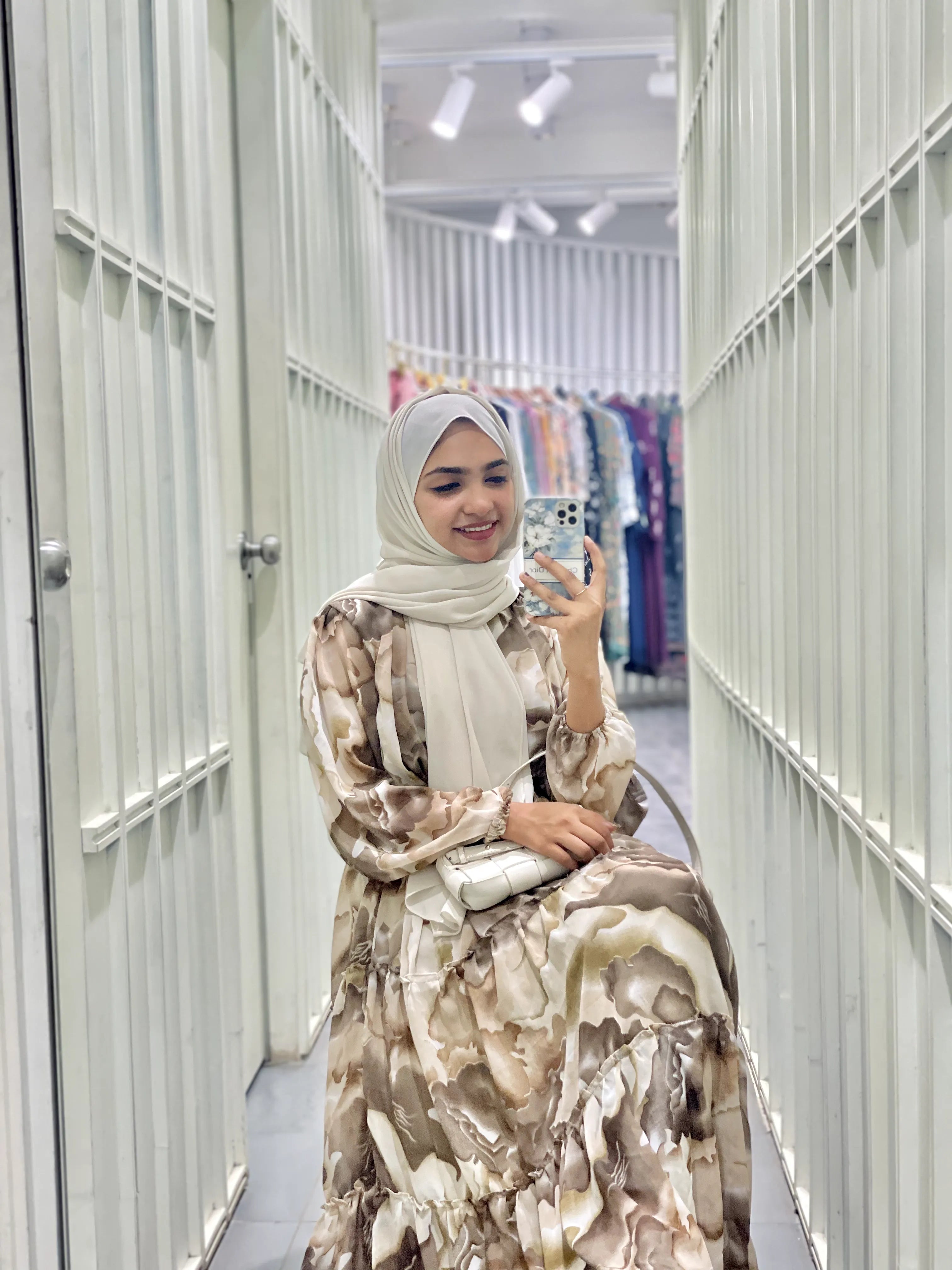 Yezwe Brown Print Georgette Maxi Dress with Cloth Belt - Modest Wear - YEZWE