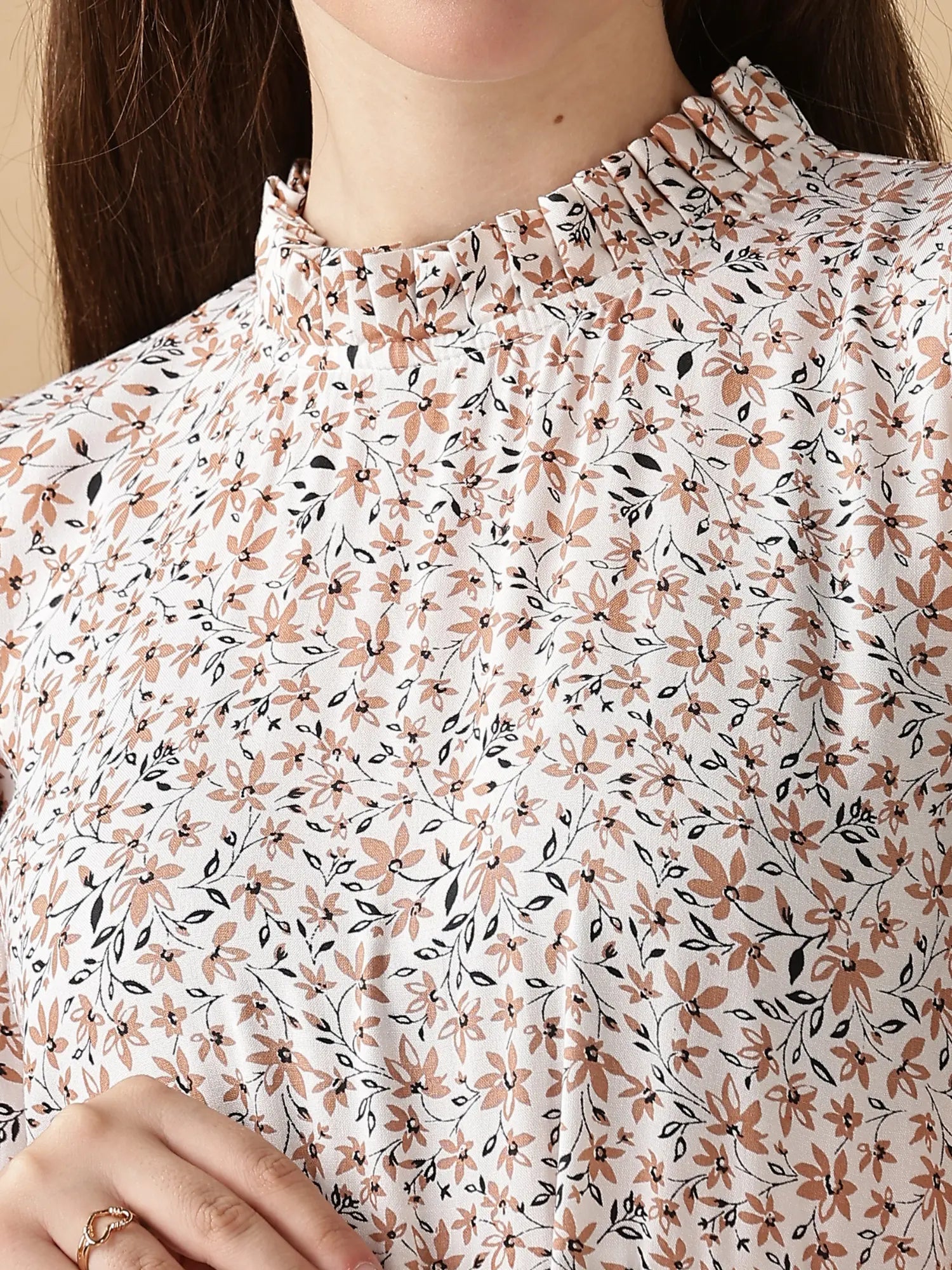 YEZWE modest long sleeve maxi dress featuring a floral pattern and ruffled neckline design