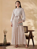 Yezwe Vintage Beige Floral Maxi Dress | Long Sleeve Modest Summer Wear
