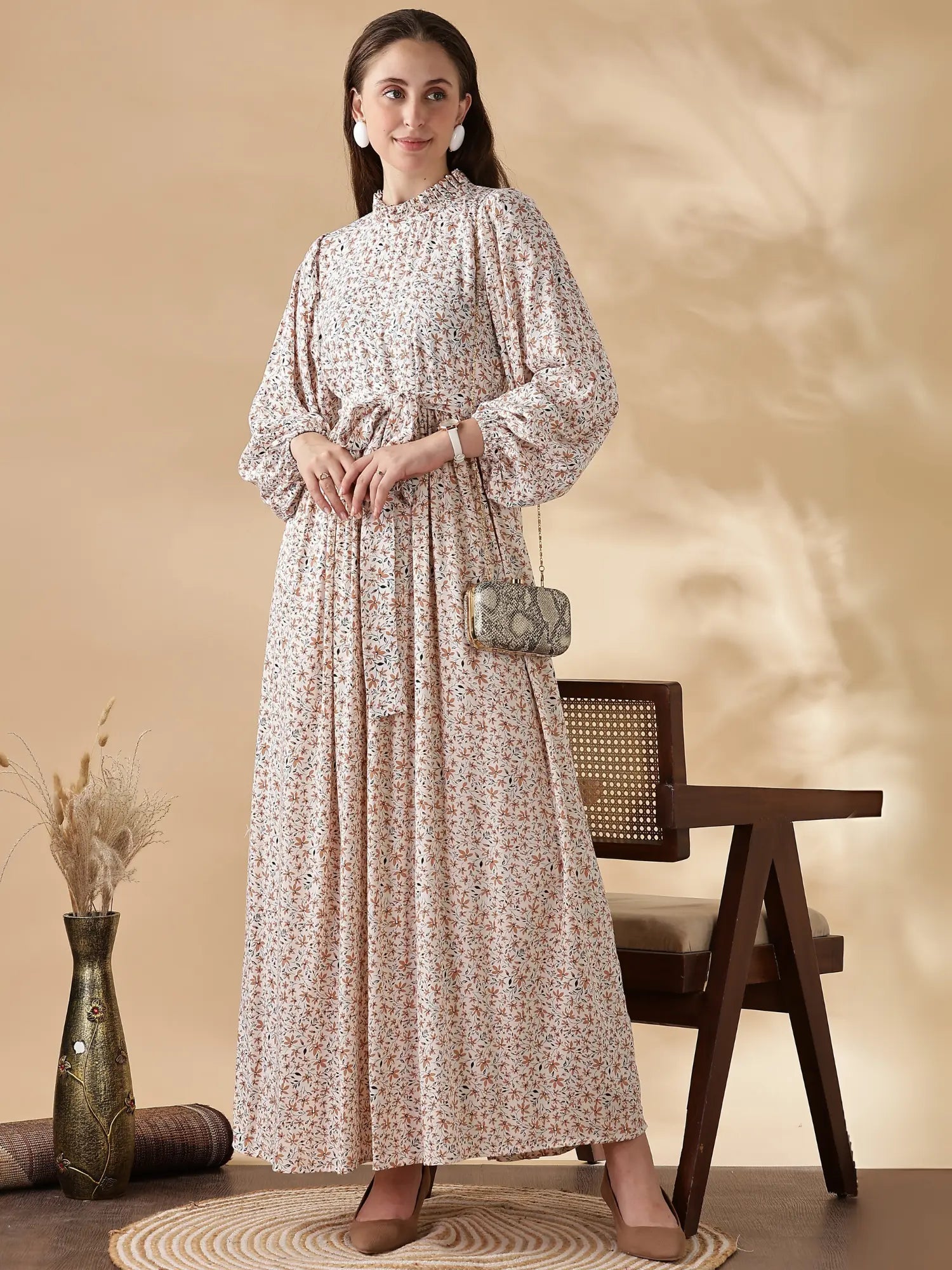 YEZWE modest long sleeve maxi dress in floral print with cinched waist and elegant styling
