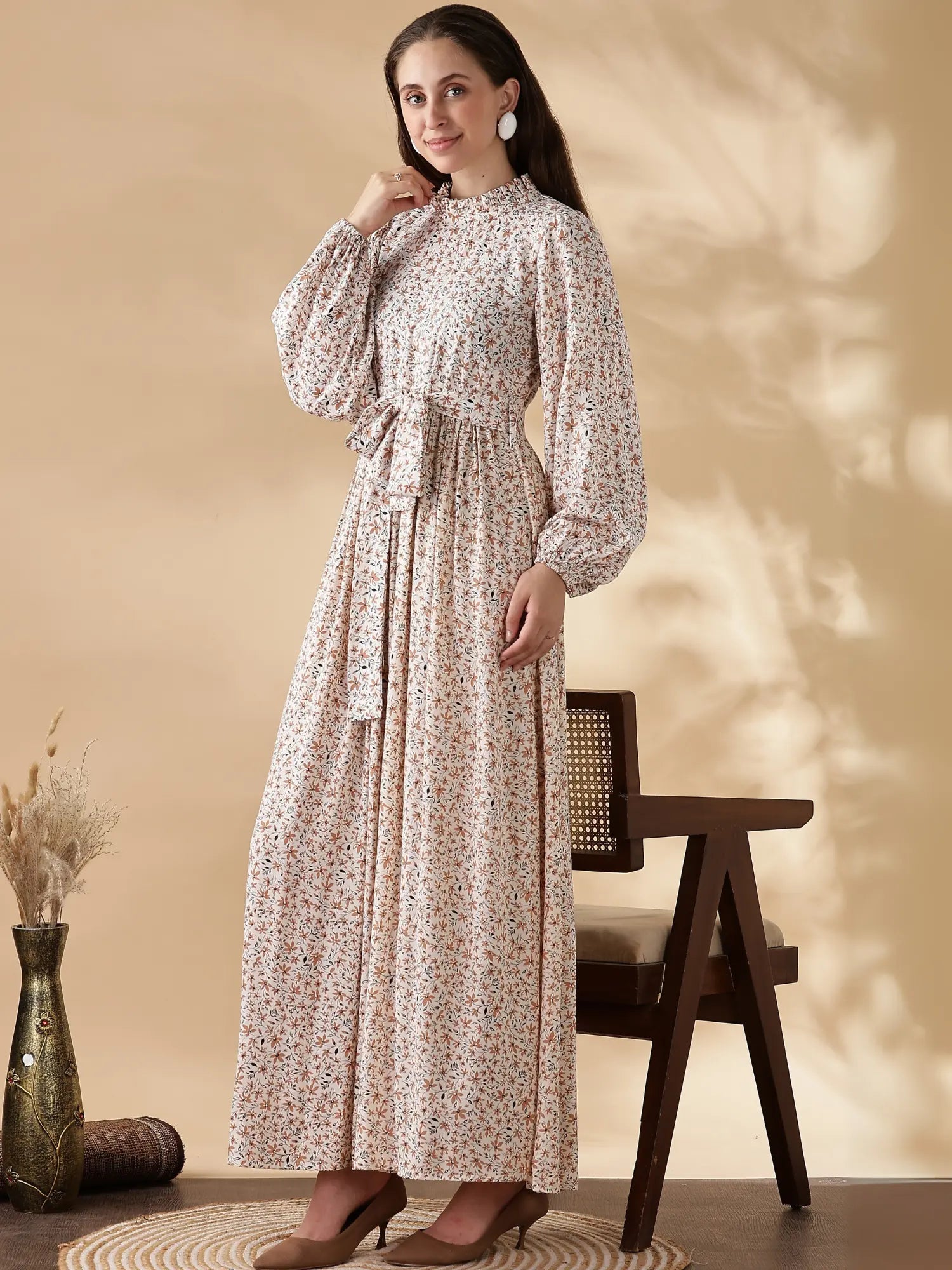 Modest long sleeve maxi dress by YEZWE featuring a floral pattern and cinched waist
