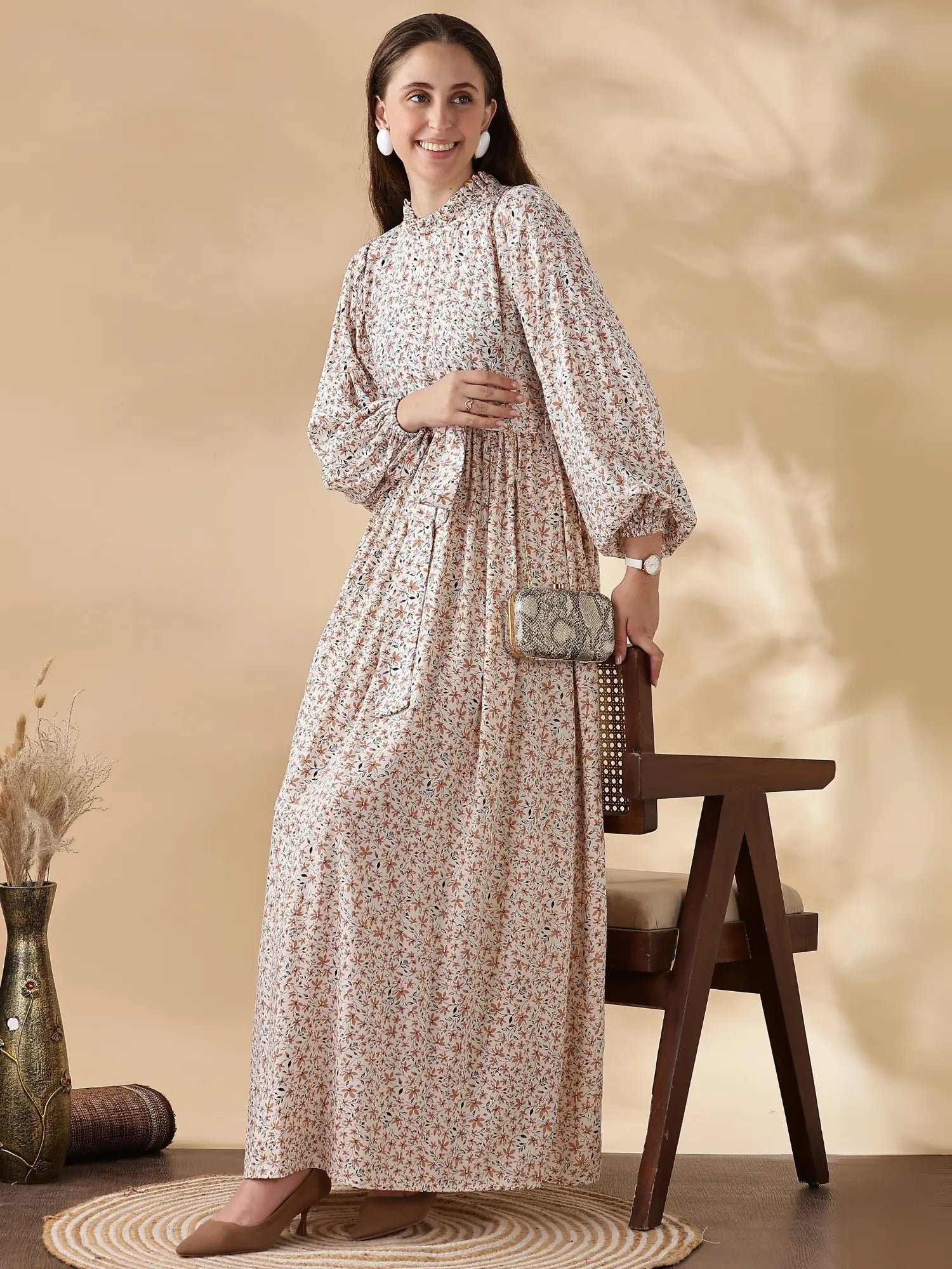 YEZWE modest long sleeve maxi dress with floral print and puff sleeves, styled with a clutch and flats
