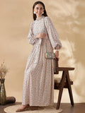 YEZWE modest long sleeve maxi dress with floral print and puff sleeves, styled with a clutch and flats