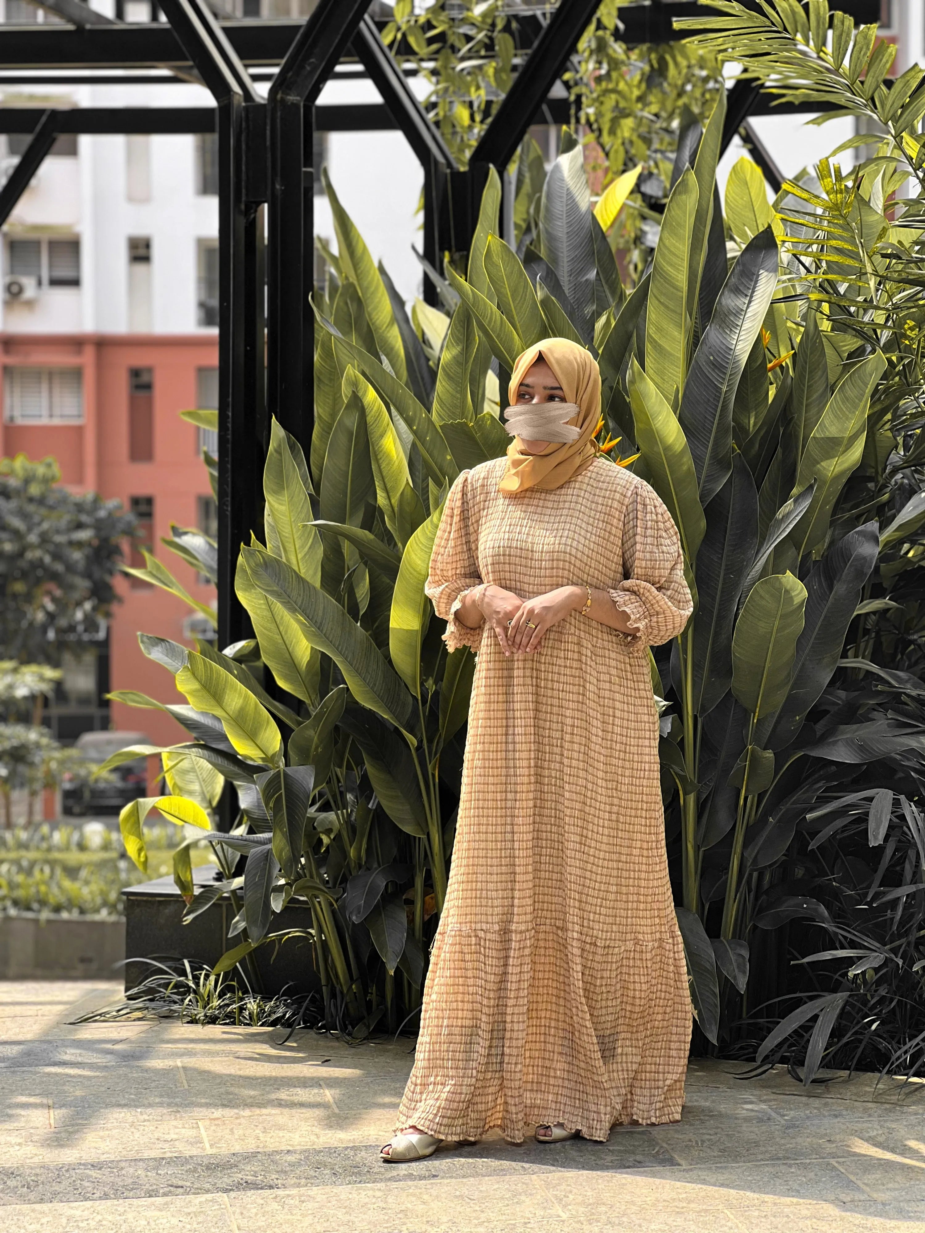 Yezwe Check Print Crush Beige Oversize Comfortable Maxi Dress - Modest Wear - YEZWE