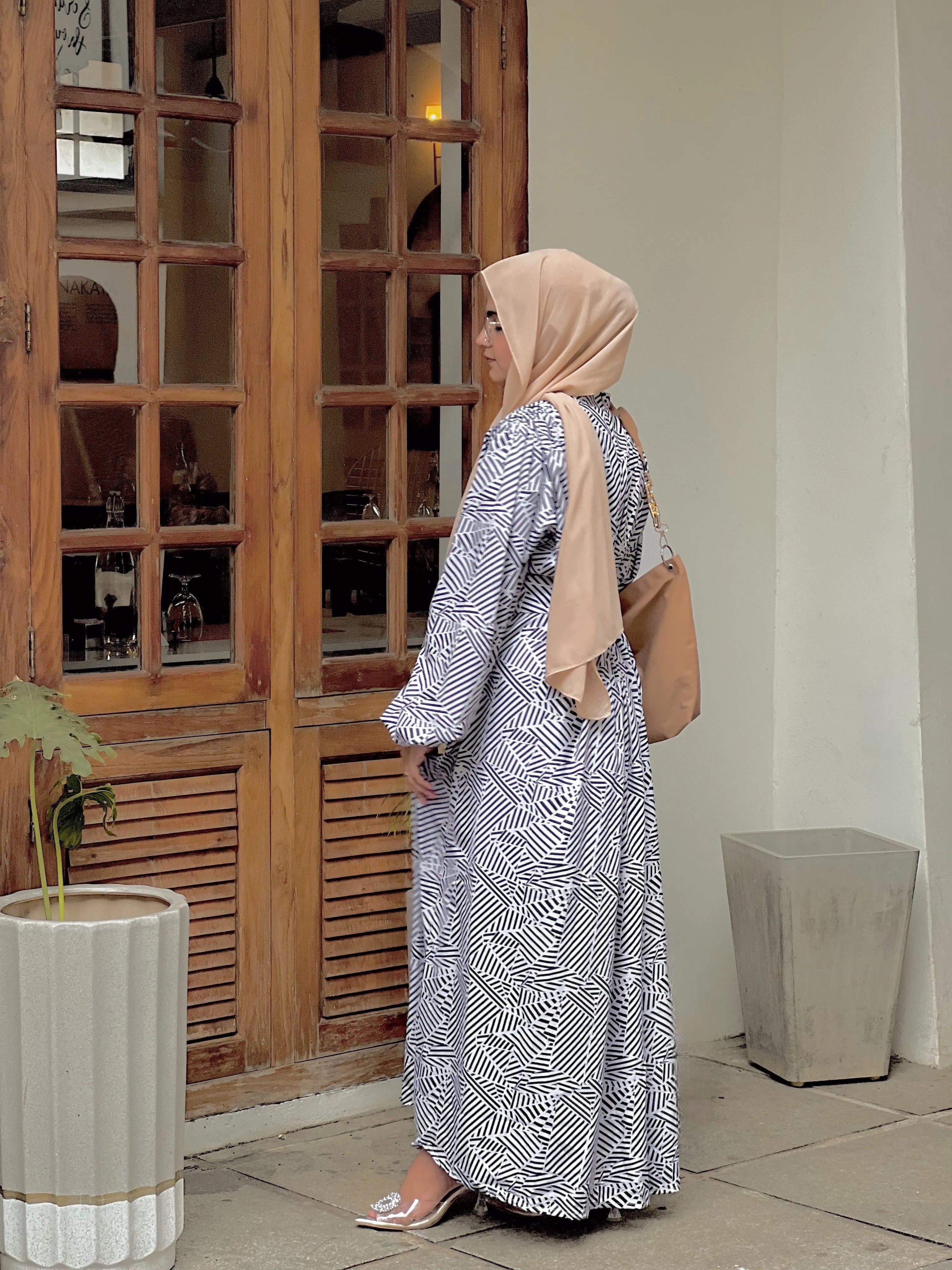 Yezwe Beige geometryPrint Maxi Dress with Belt and Shoulder Pad - Modest Wear - YEZWE