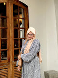 Yezwe Beige geometryPrint Maxi Dress with Belt and Shoulder Pad - Modest Wear - YEZWE