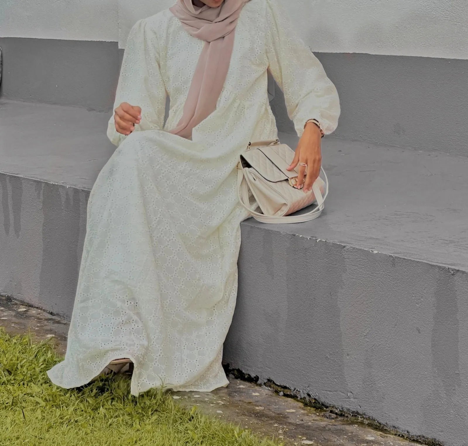 Modest off white maxi dress by Yezwe, featuring a relaxed fit and elegant design for versatile wear