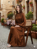 Yezwe Maxi Dress in Brown, a modest party wear dress for women with a flowing design