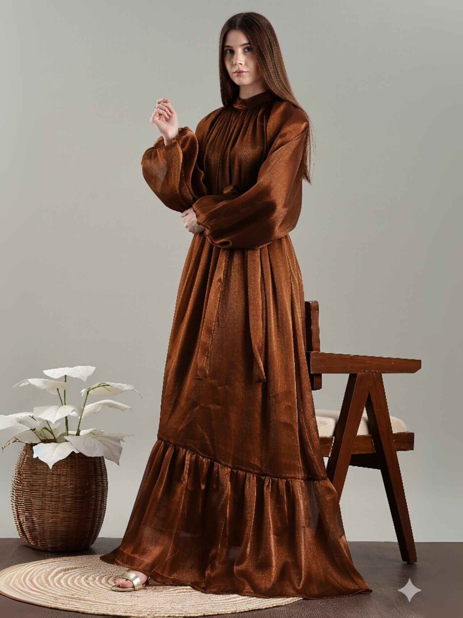 Yezwe Maxi Dress in Brown, a modest party wear dress for women with long sleeves and a flared hem