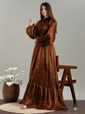 Yezwe Maxi Dress in Brown, a modest party wear dress for women with long sleeves and a flared hem