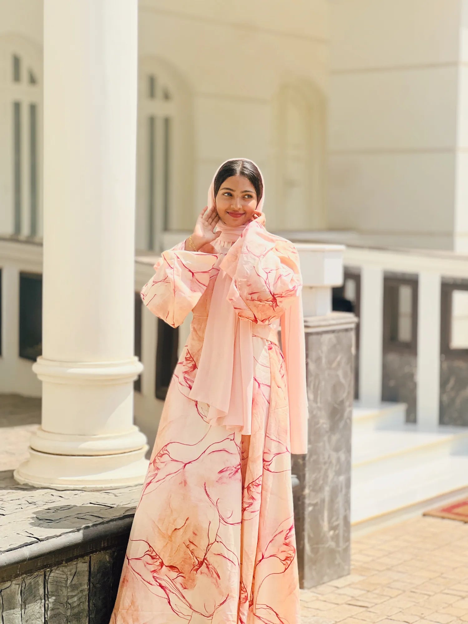 Yezwe Peach Marble Big Print Maxi Dress with Attached Belt - Modest Wear - YEZWE