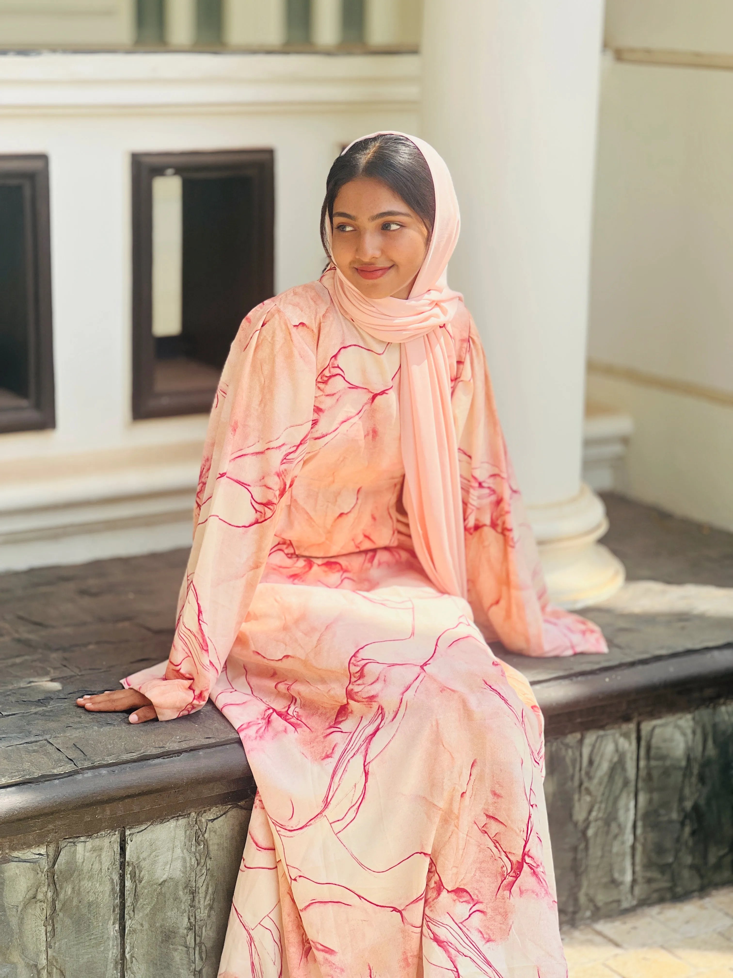 Yezwe Peach Marble Big Print Maxi Dress with Attached Belt - Modest Wear - YEZWE