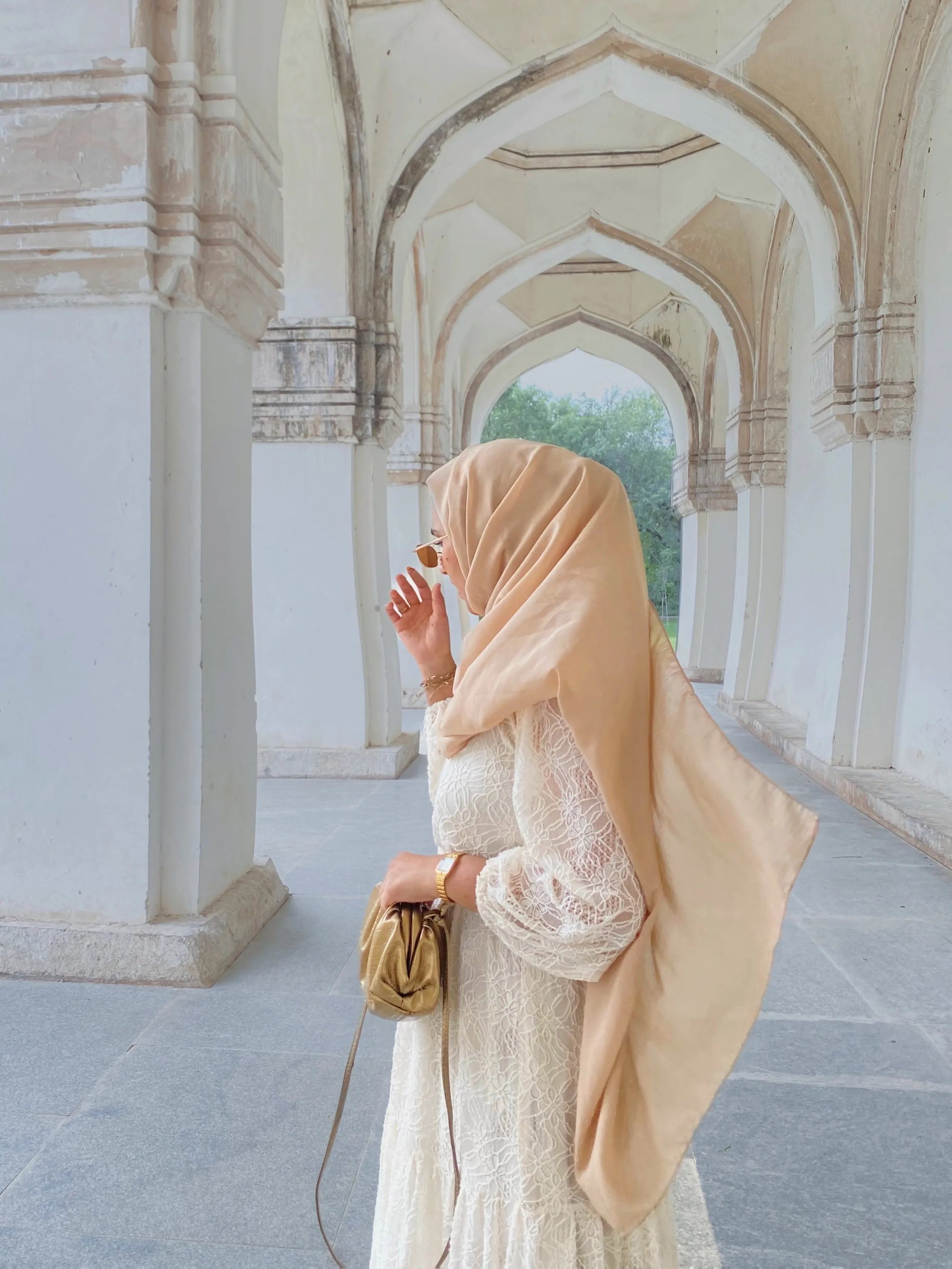 Yezwe Shifli Peach Maxi Dress with Cloth Belt - Modest Wear - YEZWE