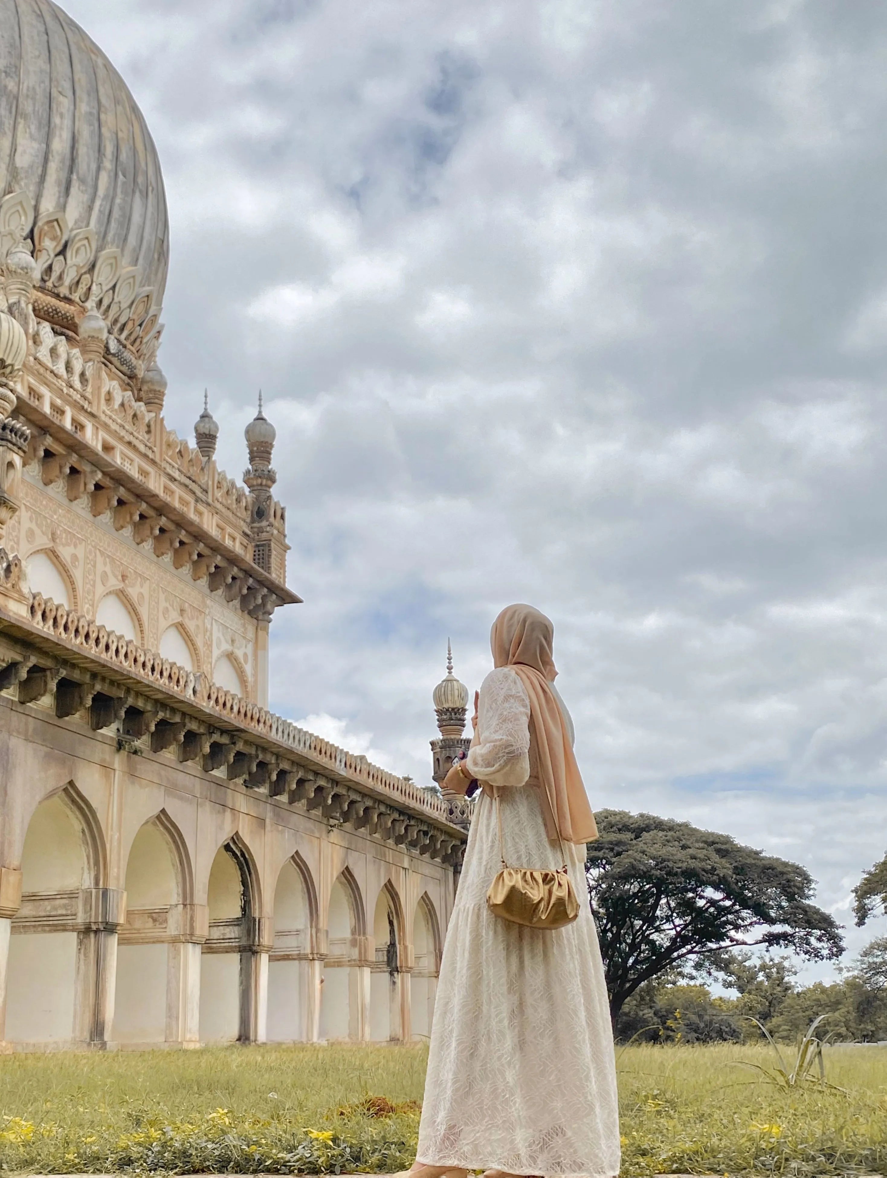 Yezwe Shifli Peach Maxi Dress with Cloth Belt - Modest Wear - YEZWE