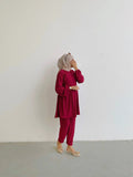 Modest textured rib co-ord set in burgundy featuring a long top and pants for a stylish look