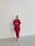 Yezwe Modest Textured Rib Co-Ord Set in Burgundy with Loose-Fit Top and Trousers for Comfortable Styling