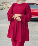 Yezwe Modest Textured Rib Co-ord Set in Burgundy with Long Sleeves and Comfortable Fit