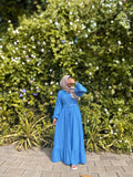 Yezwe Blue Textured Rib Maxi Dress with Belt - Modest Wear - YEZWE