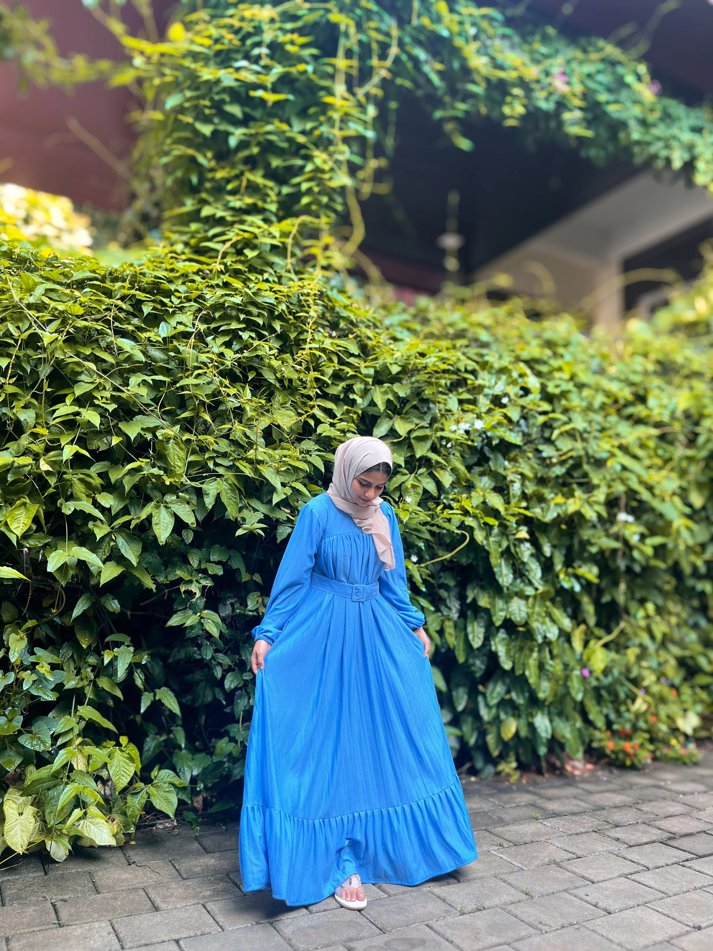 Yezwe Blue Textured Rib Maxi Dress with Belt - Modest Wear - YEZWE