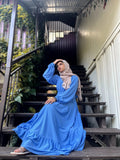 Yezwe Blue Textured Rib Maxi Dress with Belt - Modest Wear - YEZWE