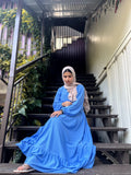 Yezwe Blue Textured Rib Maxi Dress with Belt - Modest Wear - YEZWE