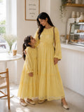 Mom & Daughter Butter Yellow Georgette Maxi Dress Combo | Modest Wear with flowy sleeves and tiered design