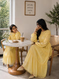 Mom & Daughter Butter Yellow Georgette Maxi Dress Combo | Modest Wear worn while enjoying coffee at a cozy cafe