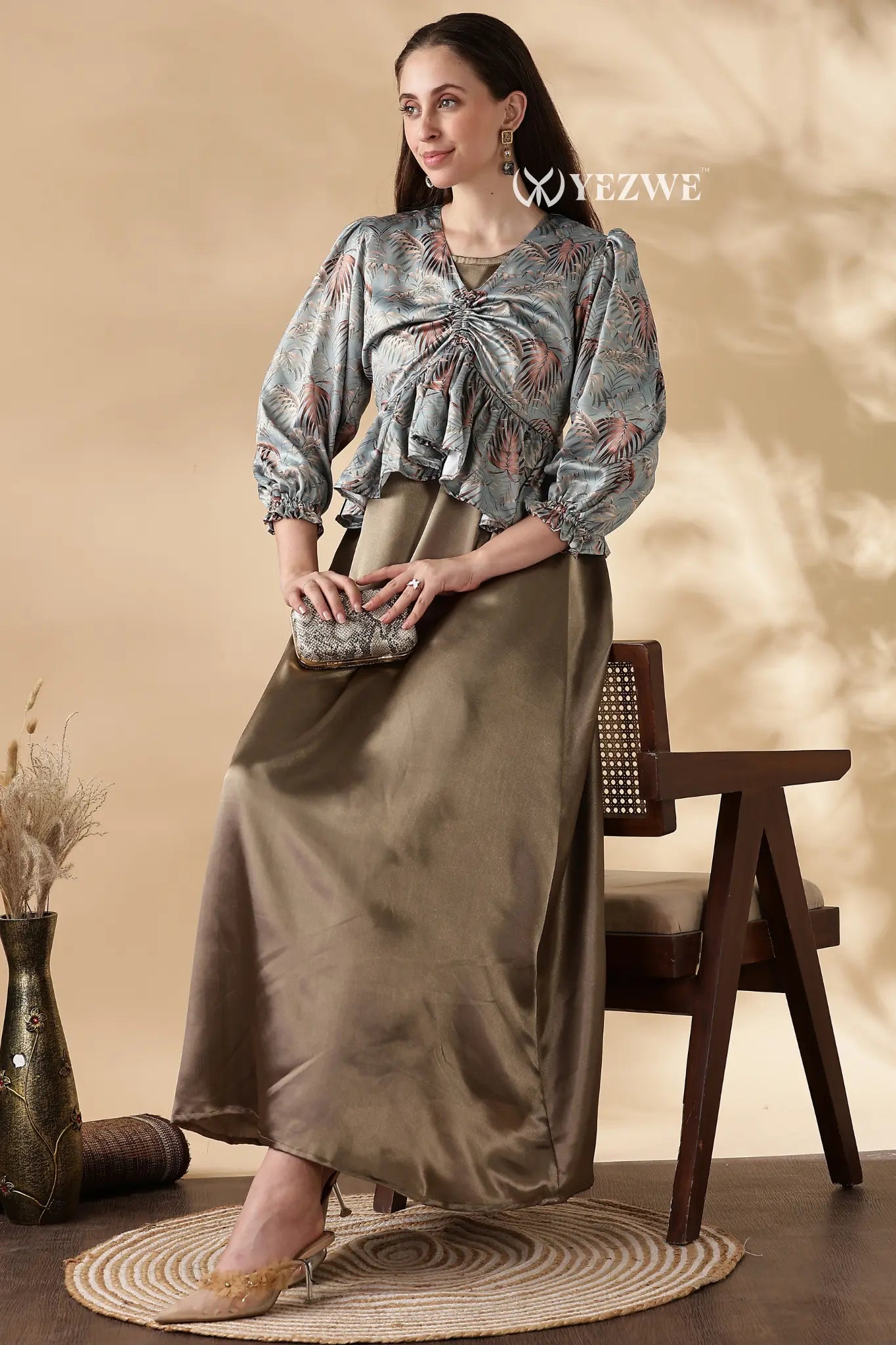 Yezwe Peplum Top Satin in Olive and Pastel Over Top With Sain Gown Modest Wear