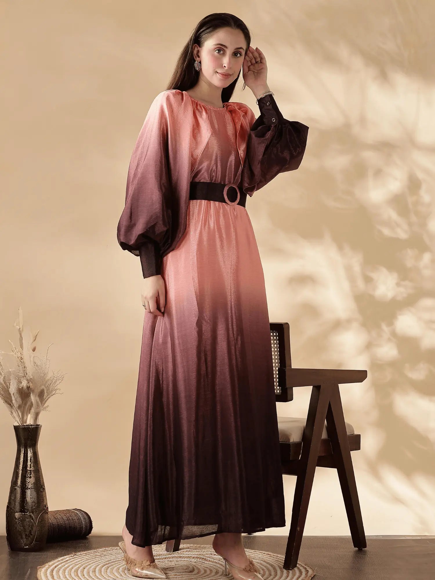Yezwe Ombre Maxi Dress with Buckle Belted Waist and Balloon Sleeves - Modest Wear