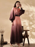 Yezwe Ombre Maxi Dress with Buckle Belted Waist and Balloon Sleeves - Modest Wear