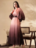 YEZWE Ombre Maxi Dress with Belt featuring a gradient design and elegant puff sleeves