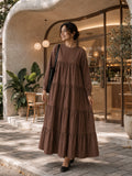 YEZWE Oversized Striped Tiered Maxi Dress for Women with Loose Flared Modest Design in Brown