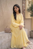 Pinterest-Inspired Flared Maxi Dress in Georgette by YEZWE, featuring a soft yellow color and elegant style.