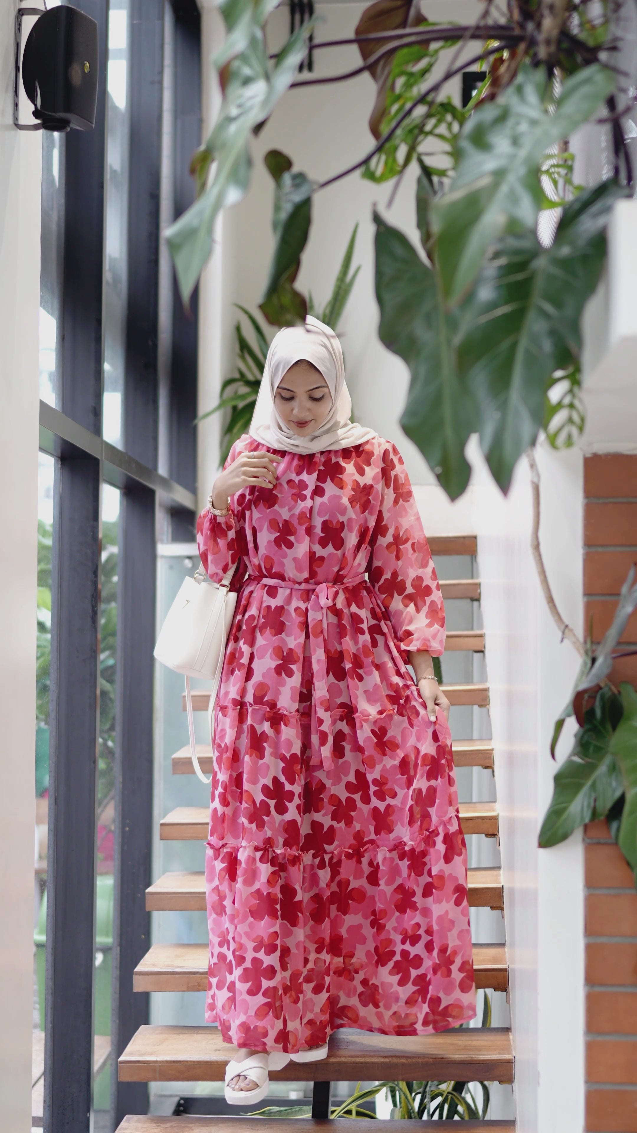 Rose Floral Maxi Dress with Cloth Belt-YEZWE MODEST WEAR