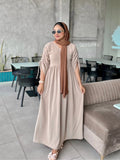 Yezwe Beige Cey Flare Dress with Ruched Sleeves | Modest Occassion Wear