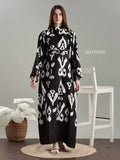 YEZWE Modest Midnight Ikat Monochrome Full Length Black Maxi Dress