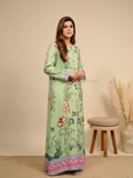 YEZWE Green Floral Printed Maxi Jalabiya Kaftan - Median Silk Crepe | Pre-Booking