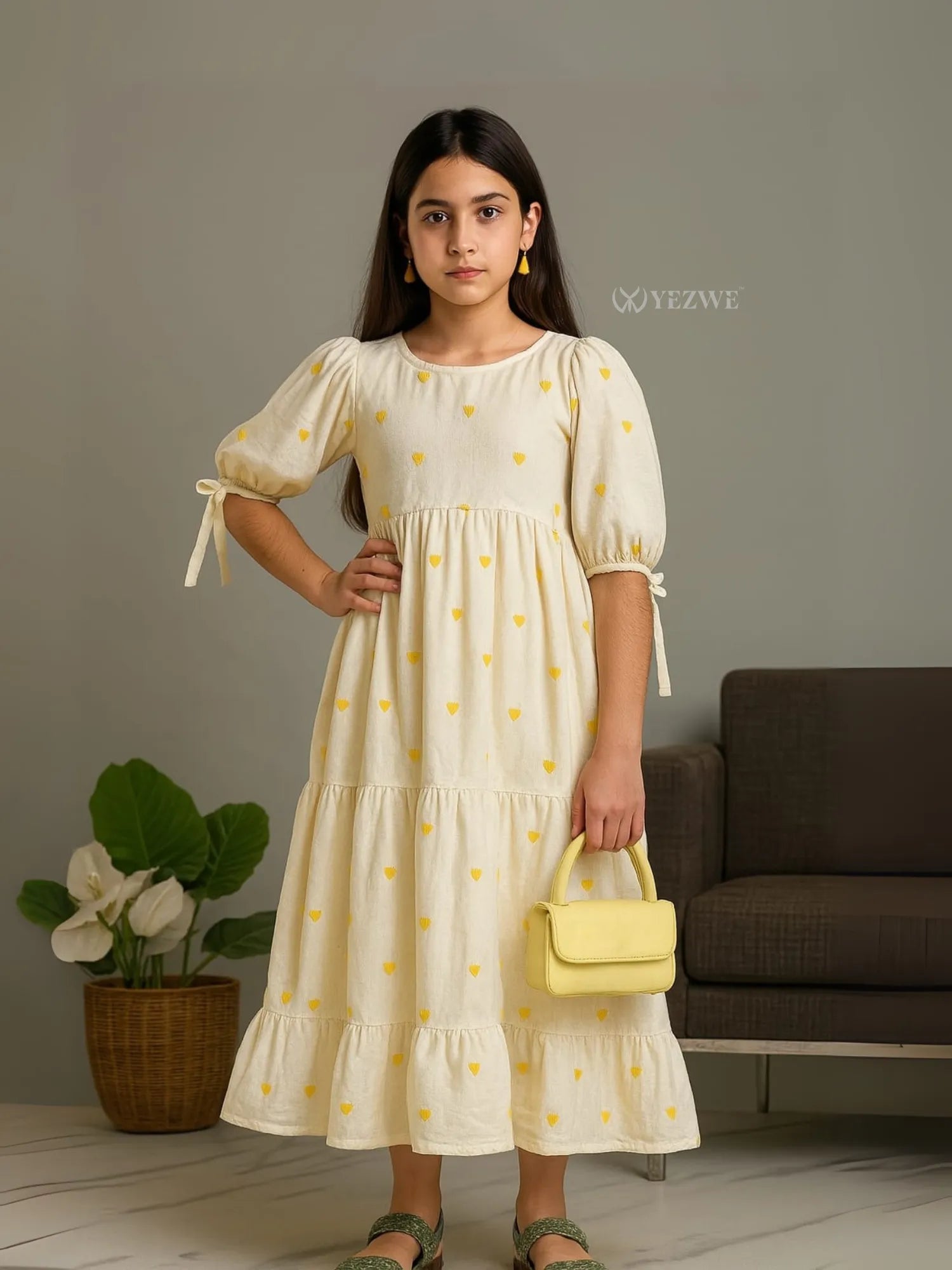 Young girl wearing modest love embroidered maxi dress in ivory kora