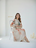 YEZWE Soft Beige Korean Floral Pleated Modest Maxi Dress | Customizable XXS–7XL