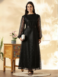 YEZWE Black Lace Satin Schiffli Maxi Dress | Floor-Length Modest Wear