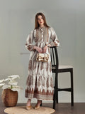 YEZWE Brown Feather Printed Edition Full length Modest Maxi Dress