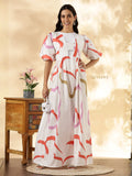 Imported Modest Maxi Dress by YEZWE featuring colorful patterns and puff sleeves on a model