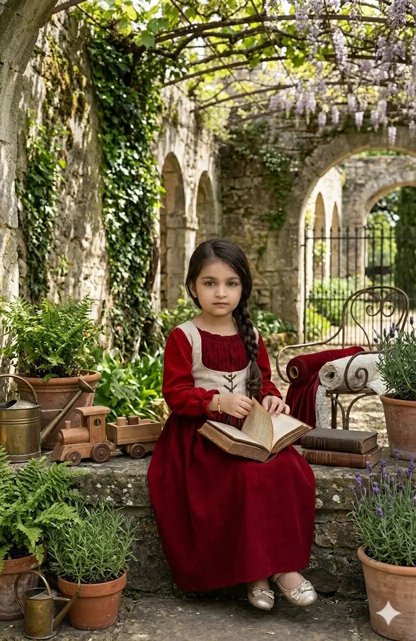 Wine red kids modest maxi dress with lace-up bodice, full sleeves, and comfortable fit for girls