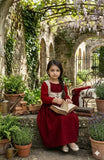 Wine red kids modest maxi dress with lace-up bodice, full sleeves, and comfortable fit for girls
