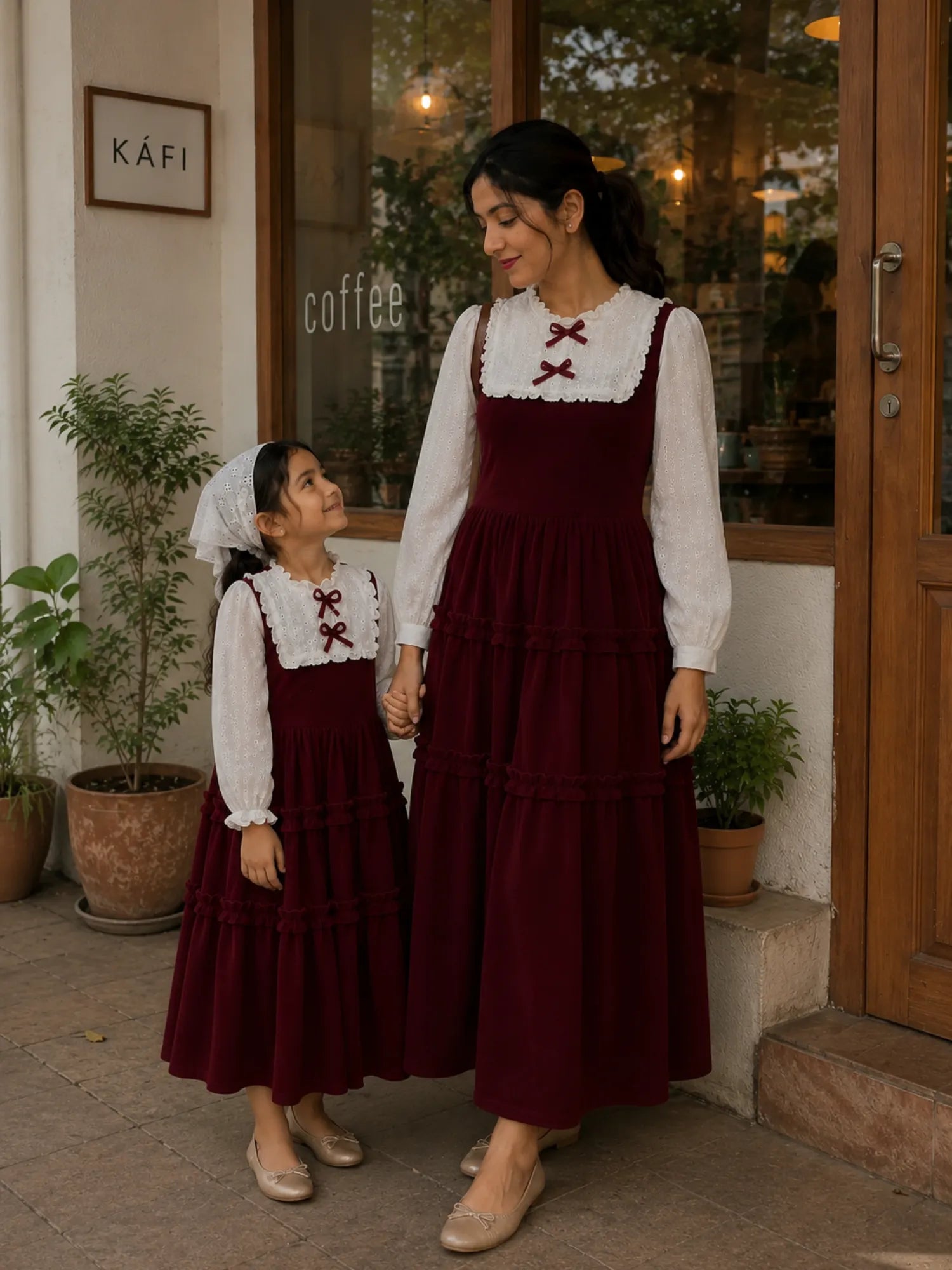 YEZWE Red Velvet Vintage Twinning Maxi Dress Set Mom and Daughter in Burgundy, perfect for stylish family outings